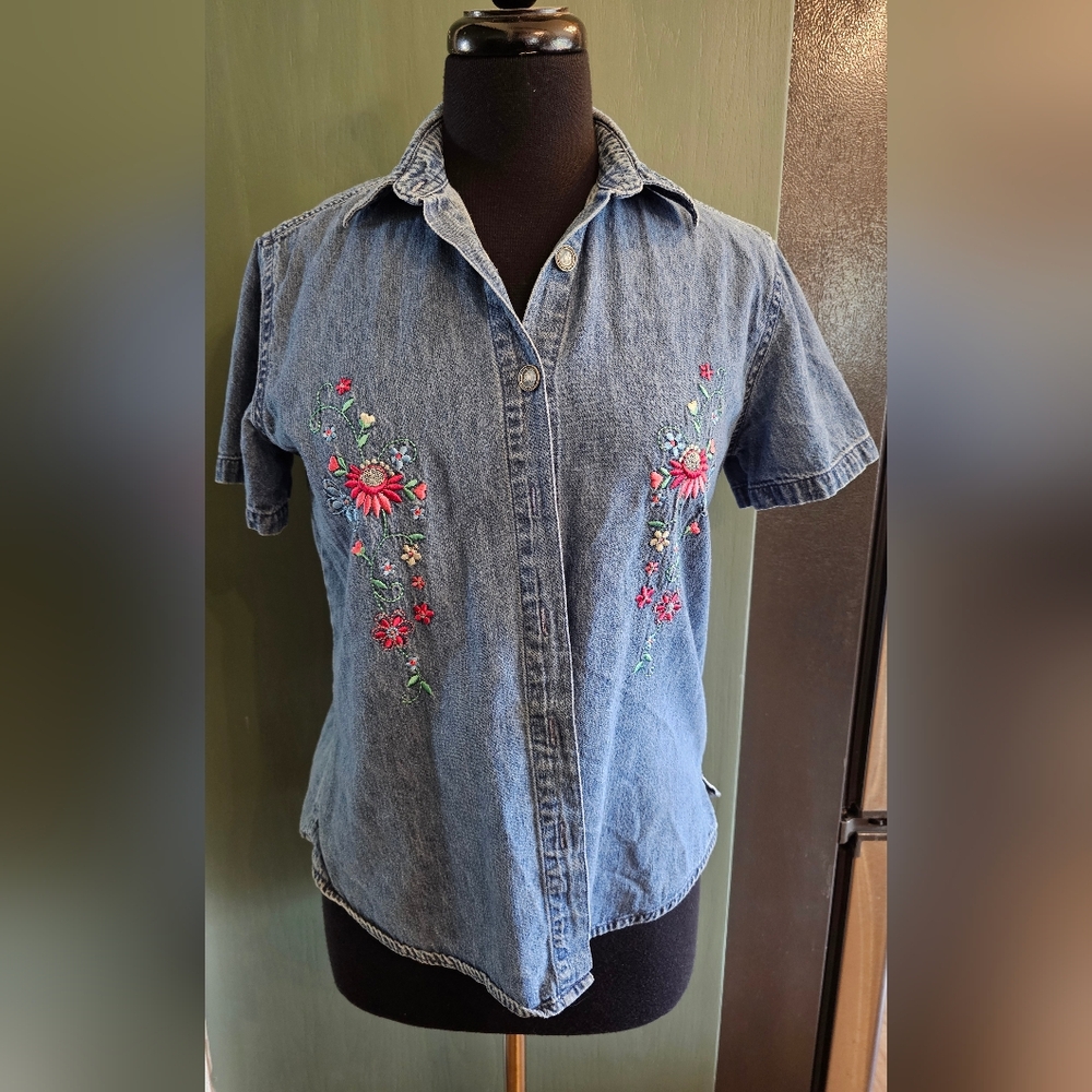 Embroidered Denim Shirt with Floral Design